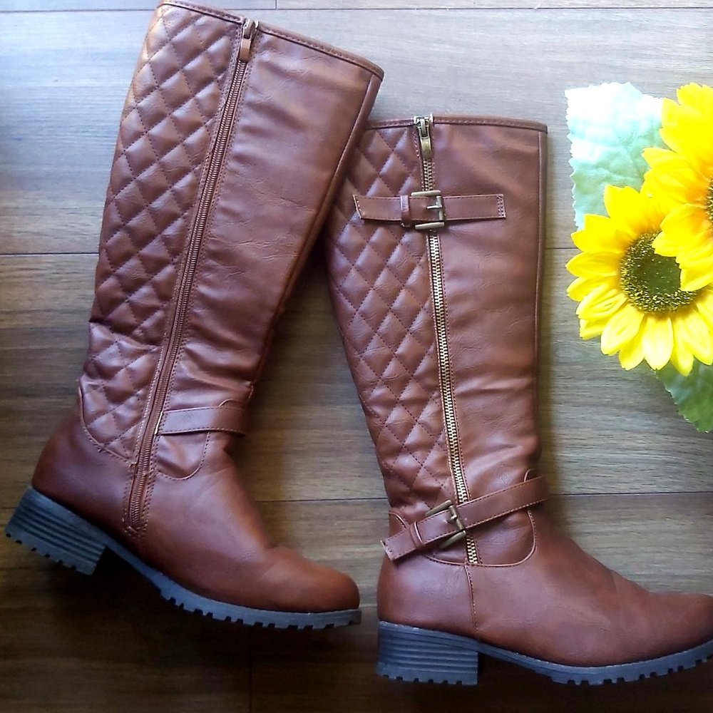 Quilted Knee High Western Boots - Brown